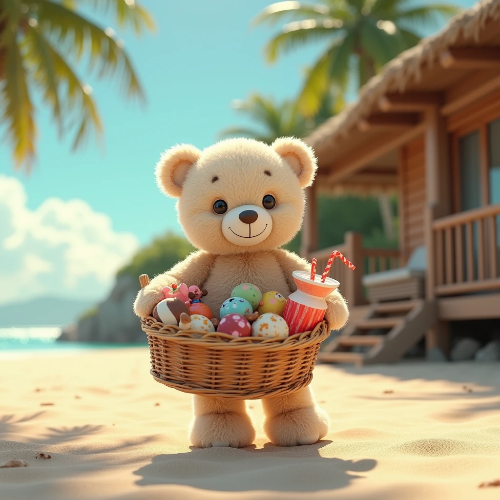 (Best Quality,4k,8k,High resolution,masterpiece:1.2),ultra detailed,sharp focus,(realist,photorealist,photo-realist:1.37), 35mm lens，multiple angles，tropical beach，palm trees，back，side，silhouette，overhead shot，teddy-bear，standing，doll，holding a big basket filled with toys and hand-made chocolates，a soft orant drink，Summer season，wooden house，platform， Cloak,Ruan Jia,lasts,Atar, (delicate face), (Fine, fluffy fur)，（35mm cinema lens），（multi-angle shooting），（Many viewing angles）