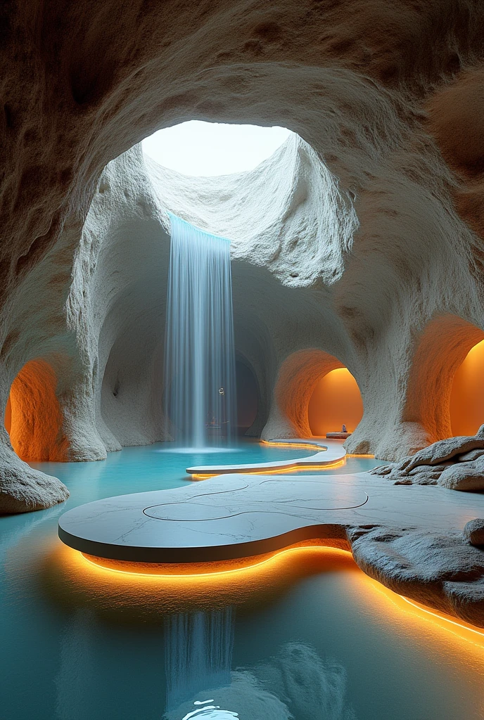 "A luxurious underground room inside a cave, designed with a blend of natural stone elements and modern materials inspired by Zaha Hadid's architecture. The space features a waterfall that adds a fantasy-like atmosphere. The room is equipped with various leisure devices and is illuminated with ambient lighting. The design combines the raw beauty of the cave with the sleek, flowing lines and futuristic aesthetics typical of Zaha Hadid's work. The image is highly detailed, as if it were an artistic photograph, with all elements proportioned meticulously. The overall environment is cozy yet opulent, creating a surreal and immersive experience."