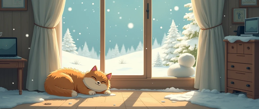 Cat, Cozy, Anime ,Lofi ,Ultrawide , Studio Ghibli Inspired ,vibes ,Wide view ,Snowman