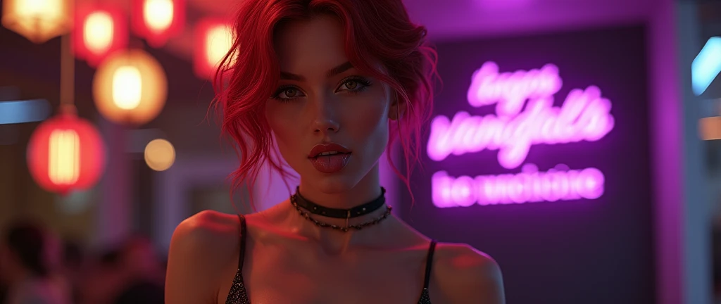Sexy woman, Red hair, sensual face, half open mouth, tongue out, sexy clothes and black necklace on the neck with lights in the background and a purple sign that says the text "Tangos Vandals"