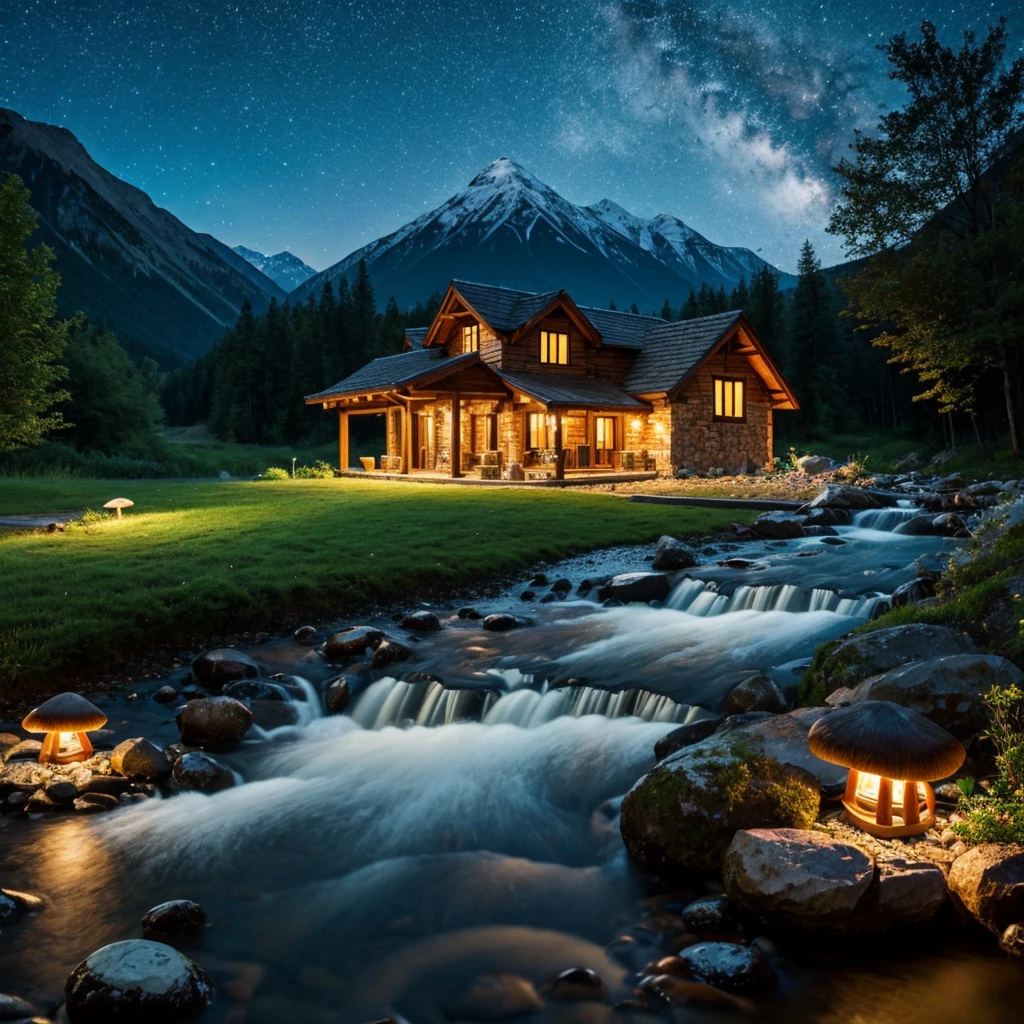mountain, night, water stream, house, mushrooms, star