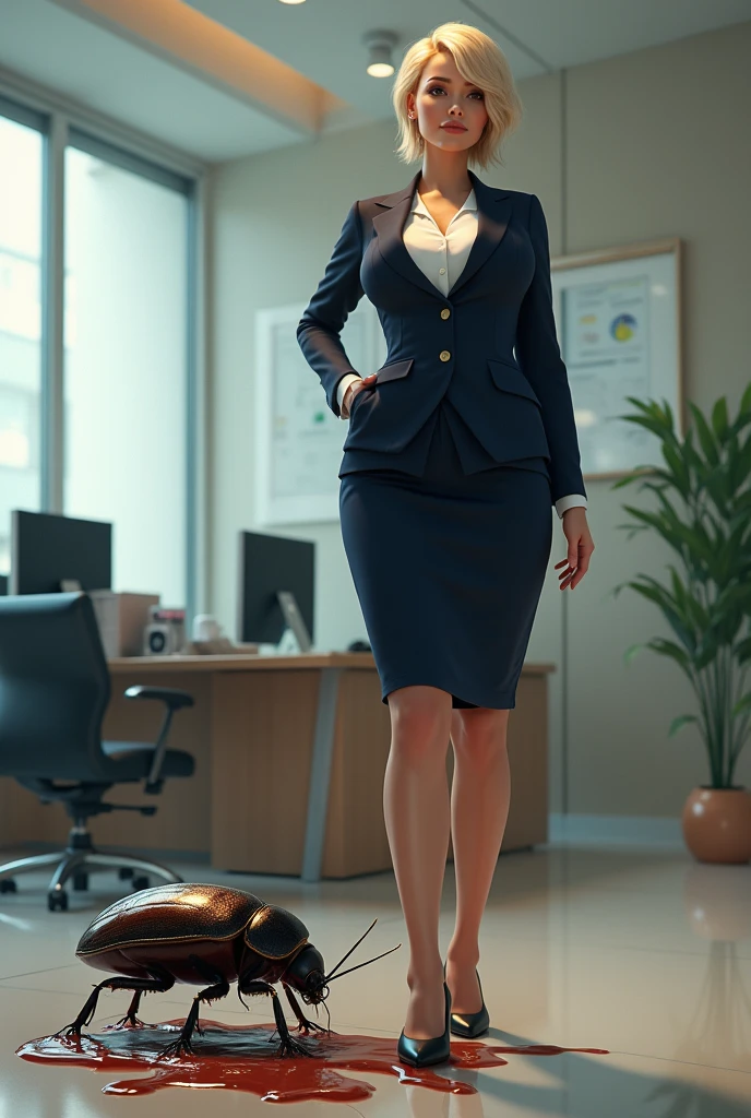 50 years old, A woman with short blonde haire, square cut Real women, she has an hourglass figure, she has a surreal, hentai-like physique, with exaggerated curves that showcase large buttocks and voluminous breasts, she is verry slim

Outfit:
Jacket: Elegant navy suit.
Top: White satin blouse.
Bottom: Fitted pencil skirt.
Shoes: Black stiletto heels.
Context: Modern office, professional atmosphere.
Insect: Huge cockroach or beetle, crawling on the floor.
Action: She crushes the insect with her shoe.
Splatter: Viscous liquid (the insect's blood) splashes onto her skirt and shoes.
Expression: A mixture of disgust and determination on her face.
Atmosphere: A moment of unexpected chaos at work, adding a touch of the absurd to the day.
