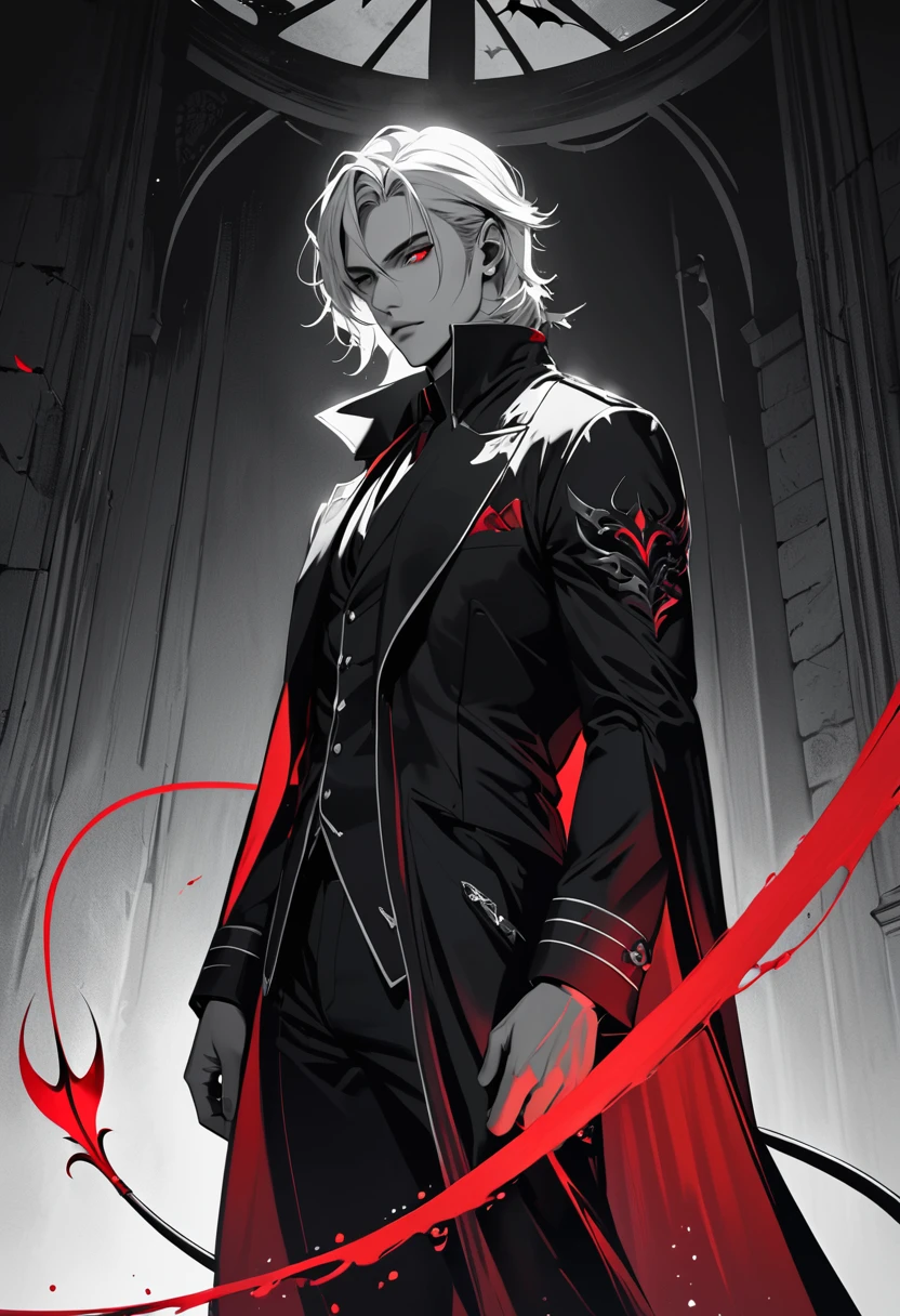 (masterpiece, best quality,ultra highres),male handsome man,silver hair,Red eyes,devil-like tail,Deceiver,at night,simple background,monochrome with Splash Color(only his eyes are red),eerie atmosphere, absurdres, highres, extra detailed,