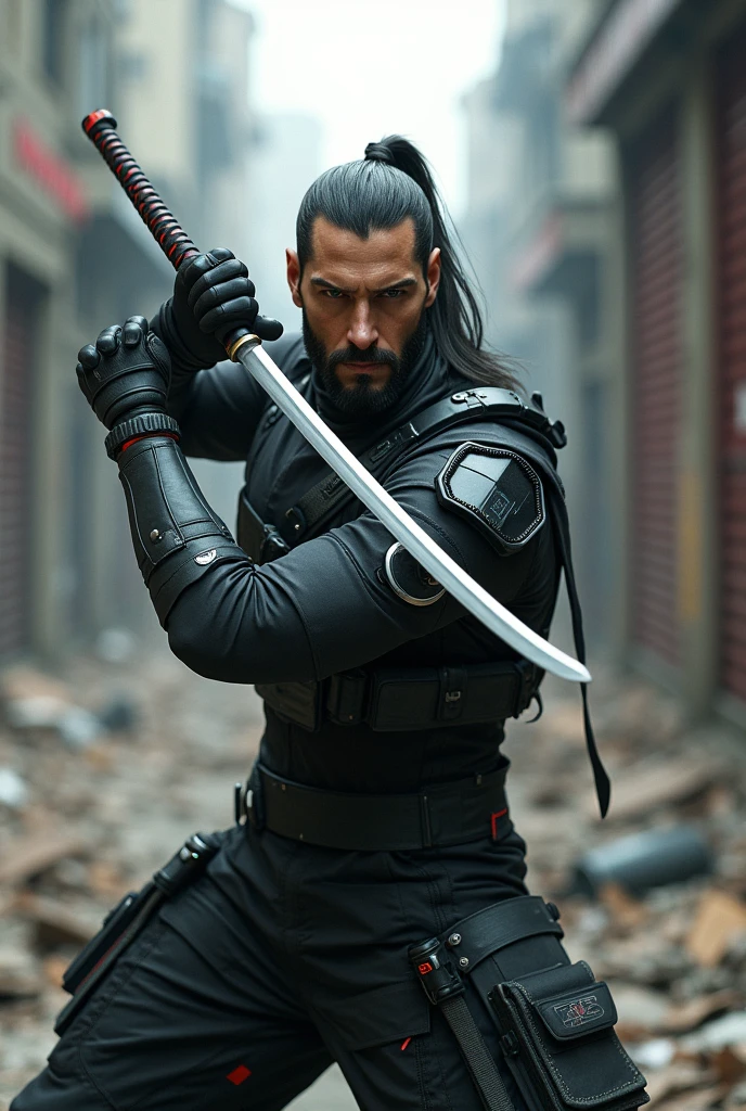 Man in modern military uniform with katana. In a samurai stance.