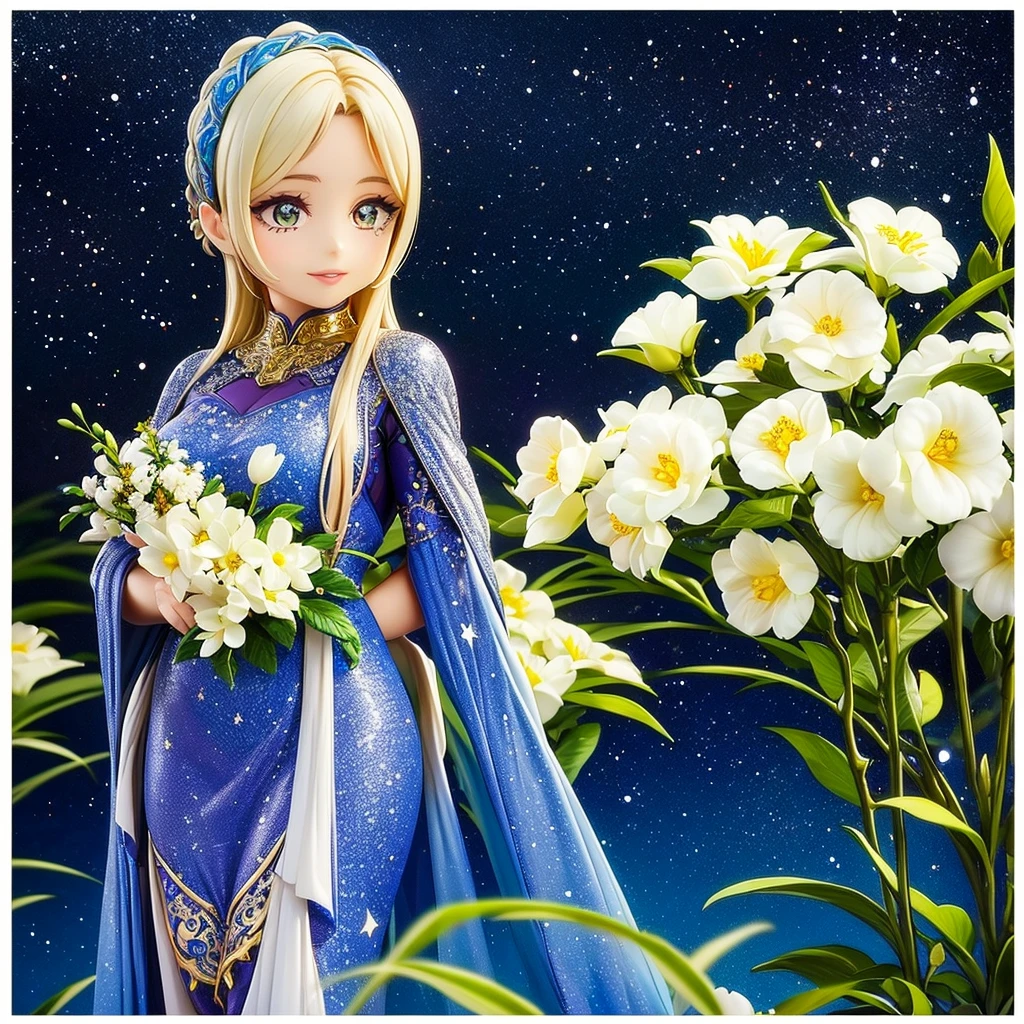 intricate detailed girl in a lush garden, beautiful detailed eyes, beautiful detailed lips, extremely detailed face and eyes, long eyelashes, elegant floral dress, holding a large bouquet of flowers, smiling, starry night sky, detailed background, 8k, extremely detailed, highly detailed, masterpiece, photorealistic, vibrant colors, dramatic lighting, fantasy, magical, dreamy