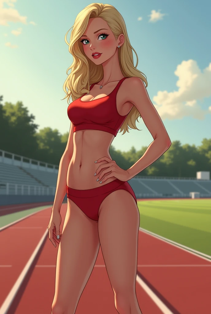 1 very young looking skinny teen girl in shot posing , very slim tight skinny super model bod, 16y, blond professional hairstyle, in a high school, wearing a sexy slutty track field runner fashion, very toned abs with navel piercing, flirting, long legs, sexy pose