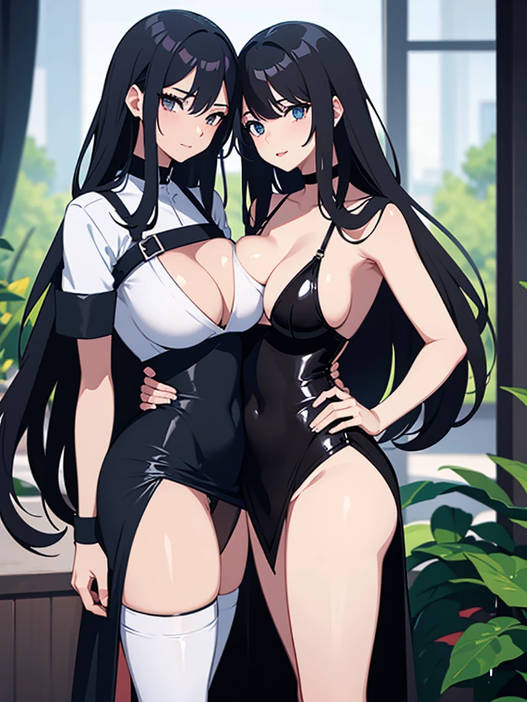 Two sexy women,long black hair,breasts big,wearing tight, wet white panties,tight wet black bra,they are standing changing in their breasts anime 8k.