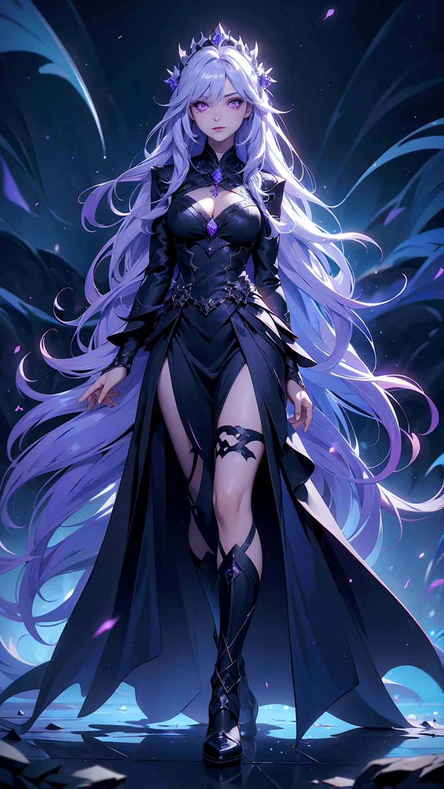((masterpiece, best quality, 8k))), mysterious female mage, (full-body), violet dragon silk robes, arcane glow, long wavy violet hair, braided crown, silver streaks, deep amethyst eyes, calm but intimidating expression, standing at the edge of a cliff overlooking a stormy sea, dragons rising from the waves, dark storm clouds illuminated by lightning, (ominous lighting, vibrant highlights)