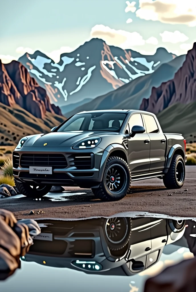 (Photographie professionelle:1.6) une magnifique Porsche type pick-up couleur gris nardo, elle semble massive, environnement de montagne type Colorado, impression de sceance photo pour la presentation d’un nouveau modele, reflet du paysage sur le pare-brise et la carrosserie de la voiture. Ultra realiste, ultra cinématographique, ultra detaille, ultra contraste, 8k