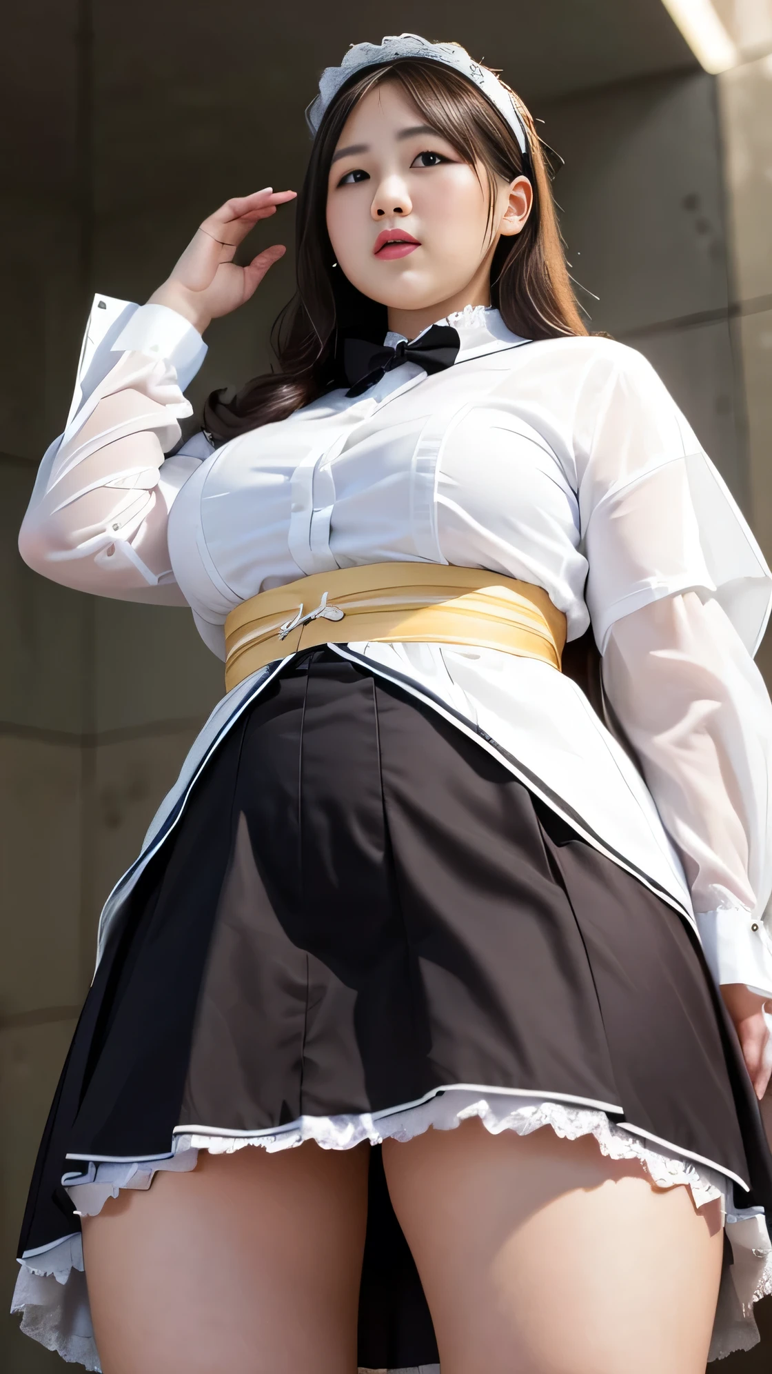 ((8k)), High resolution, masterpiece, highest quality, long hair, Japanese, Double chin, ((Overweight)), Very fat, ((chubby)), maid costume, skirt, (from below:2)