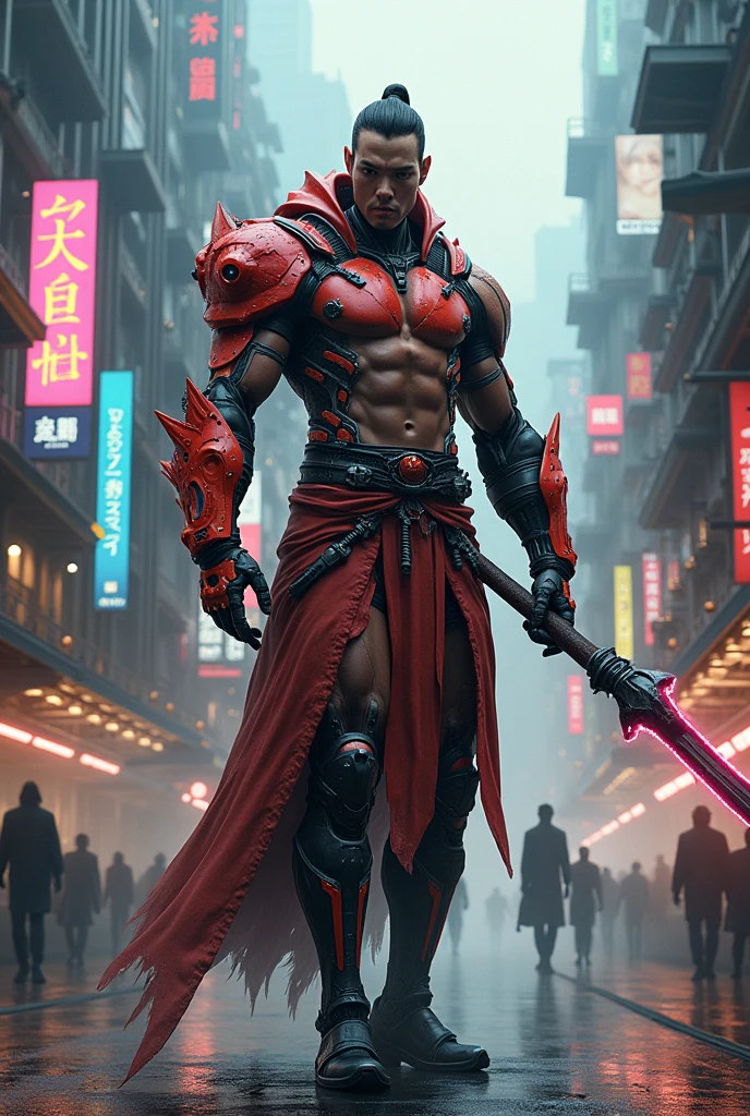 Cyborg wukong with cyberpunk city background, prosthetic left hand with staff weapon, cinematic, realistic, high details, punk, journey to the West, humanoid, main character vibes