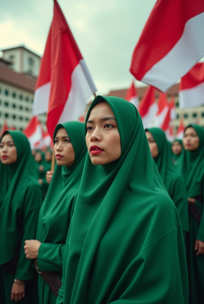 The Fatayat of the Indonesian Nahdlatul Ulama, green veil, carry red and white, the atmosphere of seizing independence, Yamato Hotel Background