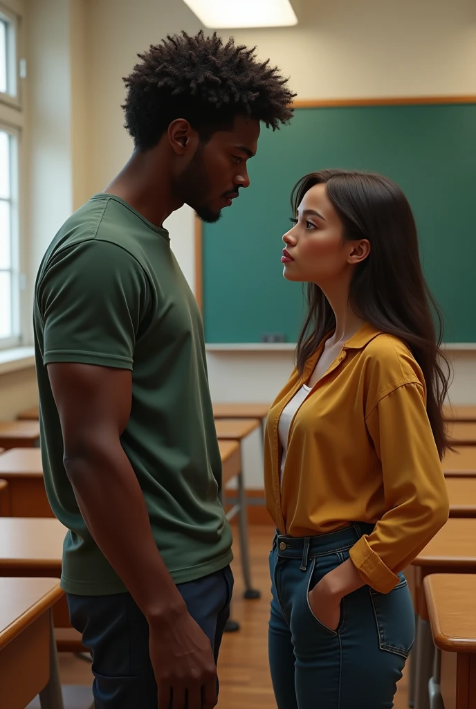 Create rivals in a classroom A tall brown-skinned man with curly hair A short brown-skinned woman with straight shoulder-length hair 