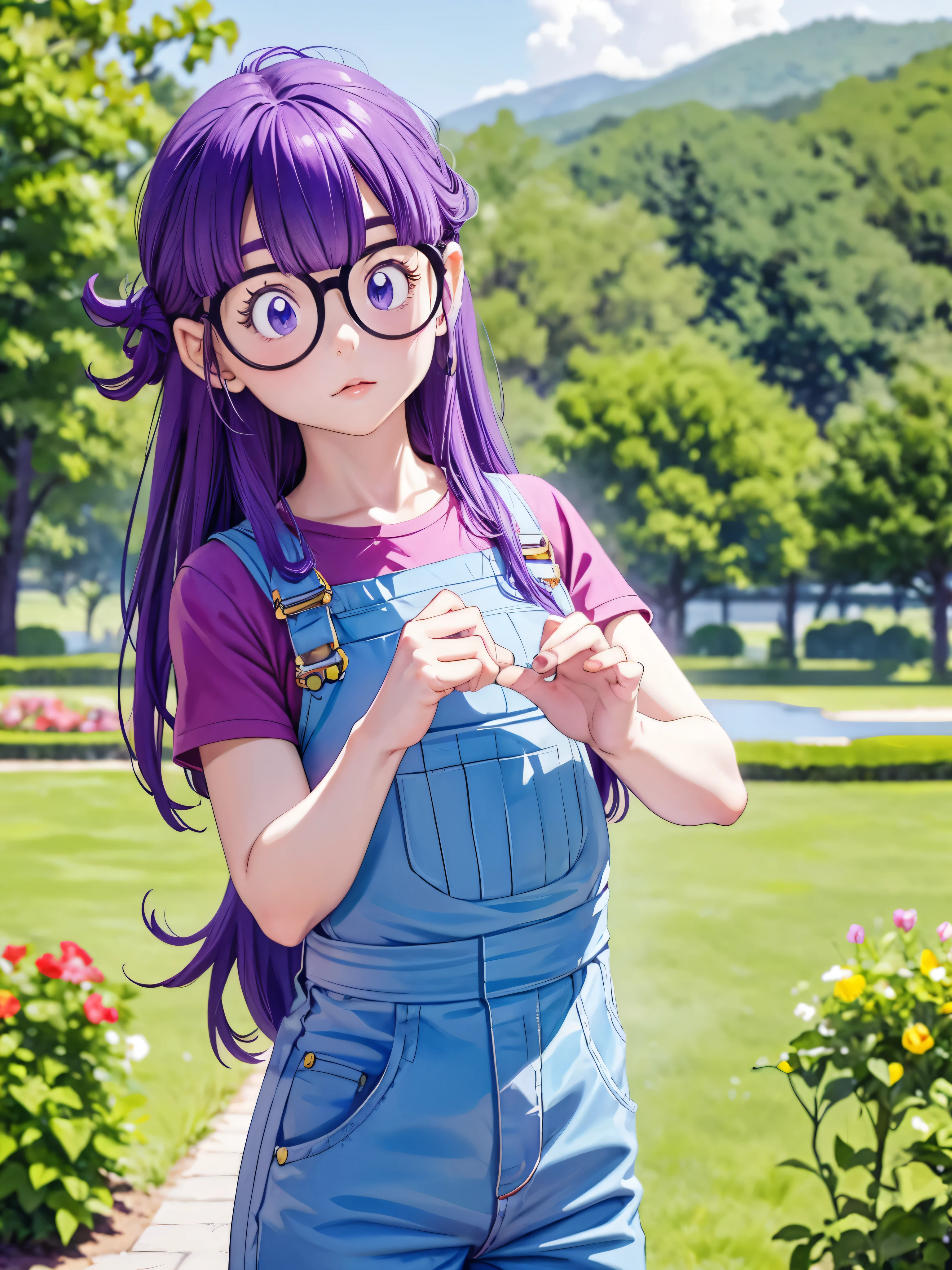 masterpiece, highest quality, Very detailed, 16k, Ultra-high resolution, Cowboy Shot, Detailed face, Perfect Fingers, One  girl, Garden of the mansion, arale, glasses, blue eyes, long hair, purple hair, short sleeves, red shirt, blue overalls