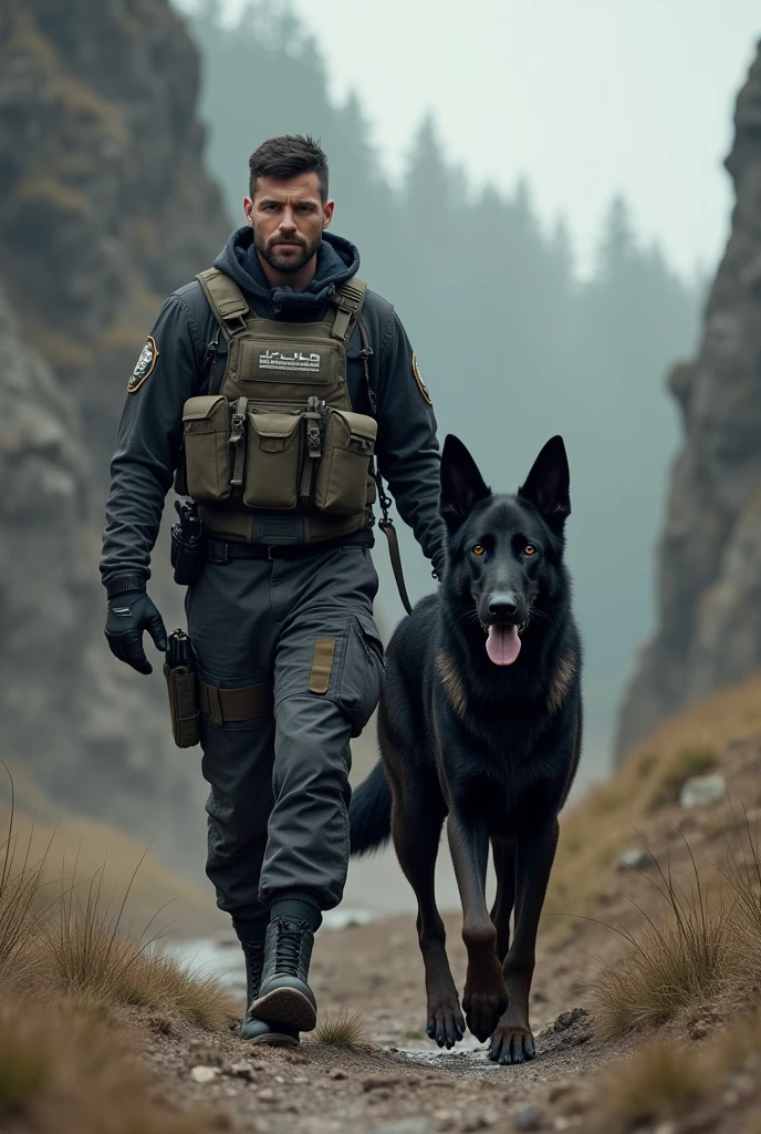 Dog handler with a Black German shepherd