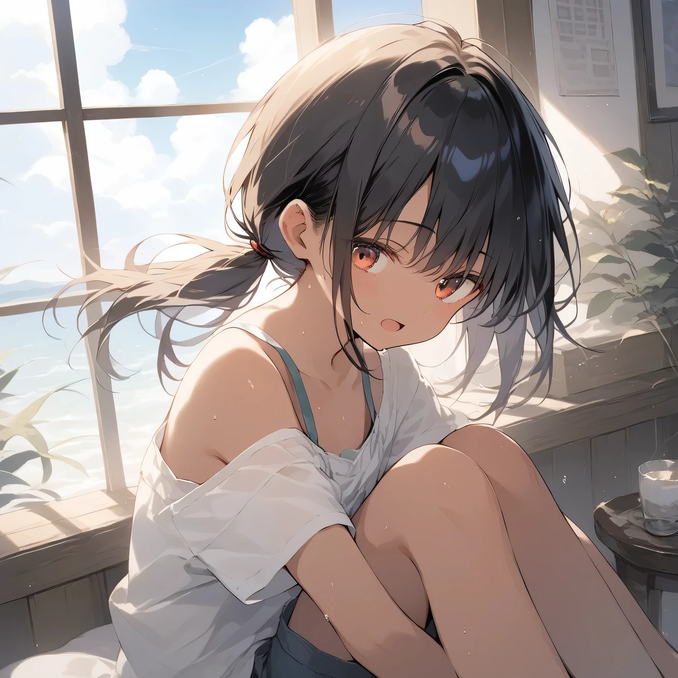 score_9, score_8_up, score_7_up, source_anime, best quality, masterpiece, official art, absurdres, highres, ultra-detailed,waifu2x,Collection: Slice of Life,break,1girl, tomboy, dark-skinned female, short hair, low ponytail, flat chest, beautiful detailed eyes, shorts, sweat, open mouth, (yawn:0.3), sleepily, outdoors, wind, (Detailed Lighting), (Detailed background),break,(clear line illustration:1.2), super detailed skin,very high resolution, very aesthetic, Best sexual lighting powered by famous artist, 8k, 16k, cute picture,beauty illustration,photoshop_(medium),,(Detailed Lighting),best anime 8k konachan wallpaper, pixiv contest winner,
