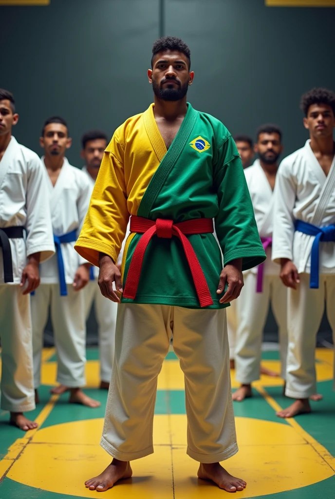 Man wearing jiu-jitsu kimono, Just against the body, in the colors of the Brazilian flag, with a red jiu-jitsu belt tied around his waist, at a jiu-jitsu school, with jiu-jitsu students wearing white kimono ,They have a jiu-jitsu belt tied around their waist, one strip is blue, another green stripe, another purple stripe, another strip is black,
The jiu-jitsu mat is black ,with the markings of the football field drawn on the mat