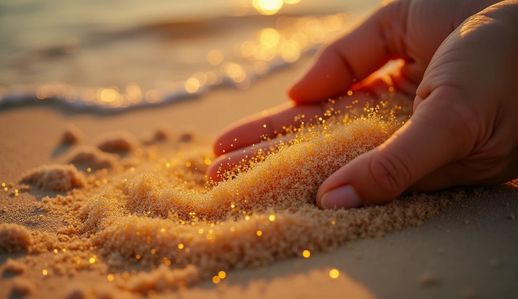 "A close-up of a hand scooping up grains of sand on a beach, with each grain glowing faintly, symbolizing countless thoughts of God, ar 16:9"
