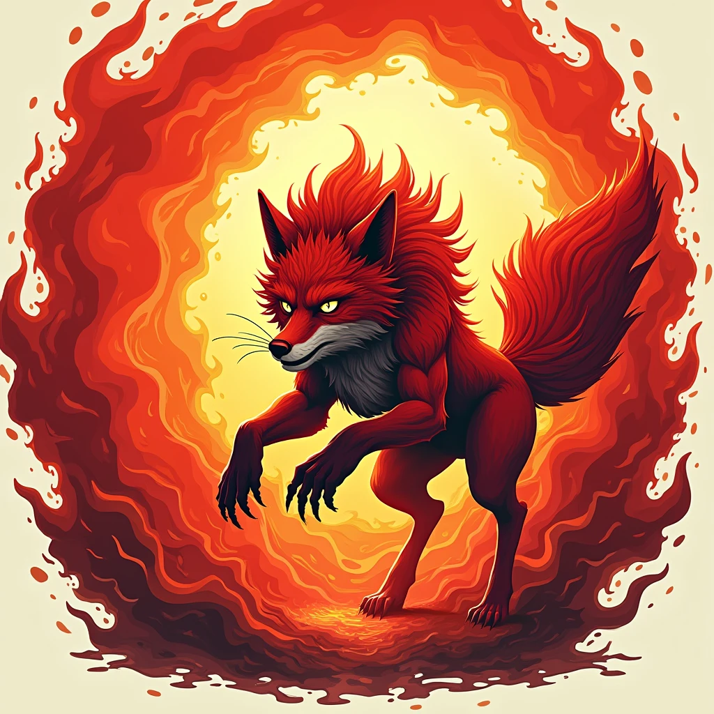 VECTOR, A highly detailed beast fox leaping in a center big red ink flame around it 