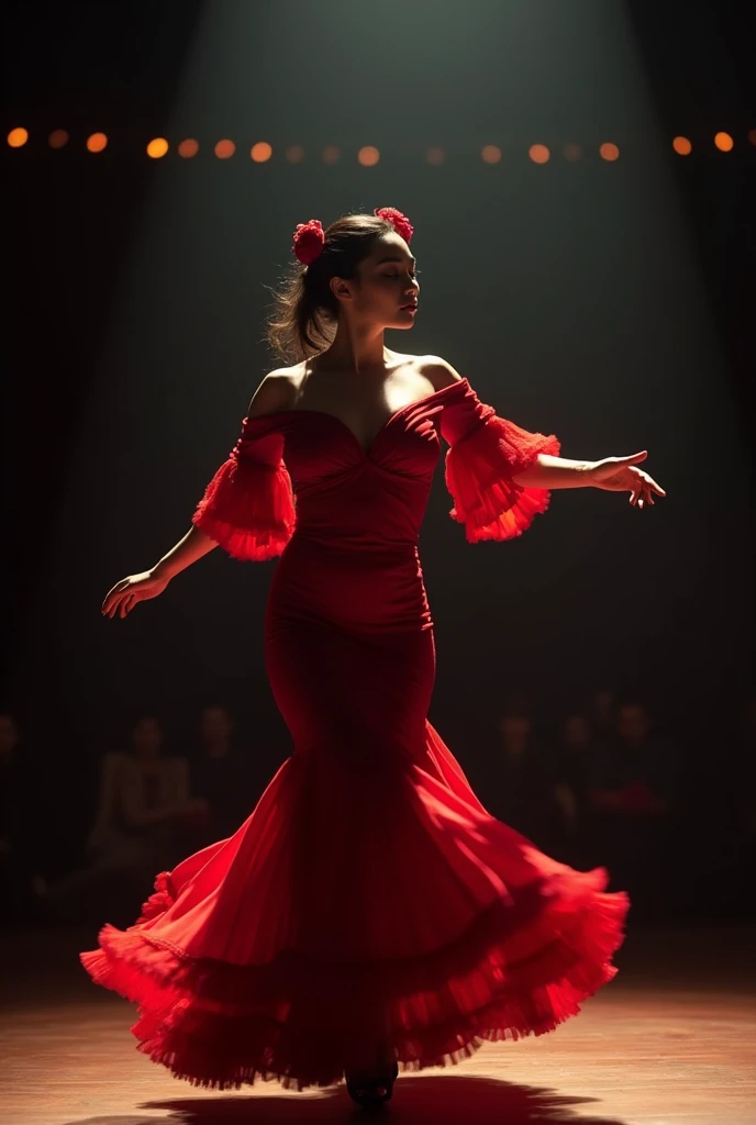 A 30-year-old Japanese woman dancing flamenco under the spotlight on a dark stage、Red costume, glamorous figure, high resolution, Anatomically correct, accurate, Highest quality, Textured skin,