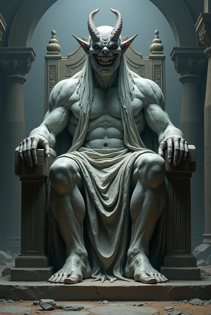 Gigantesque statue de monarque en pierre assis sur un trône, il a un grand sourire véritablement terrifiant et effroyable avec les dents sérrées et la mâchoire fermée, véritablement terrifiant, effroyable, fou et cruel,