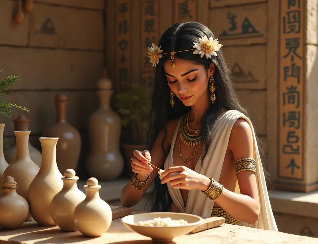 In the ancient effect a beautiful Egyptian woman with flowers and bottles of polished faience and alabaster on top of a stone table making perfumes in the background a high wall with drawings and Egyptian writings of the time