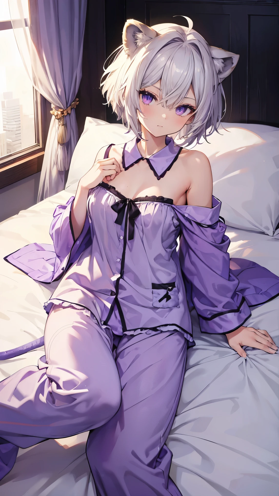 ,Highest quality,Silver Hair,Lion tail,Lion ears,Purple Eyes,Very short hair,Straight Hair,Flat breasts,Costume pajamas,Bedroom,On the bed,slender,Big cat stuffed animal