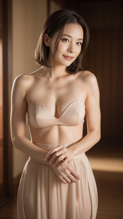 masterpiece, best quality, high resolution, photoreal, RAW photos, 8K wallpapers, perfection, Romantic professional lighting, ((nudity)),very detailed, depth of written boundaries、 Woman in her 50s,Charming Taiwanese woman、(alone:1.5)、(Anatomy exactly:1.1)、, 1 Sexy Woman, detailed face, beautiful eyes, forehead, nudity, naked, thick thighs, thick and beautiful lips, warm smile, Stand and walk, plot, Traditional temple, sunset