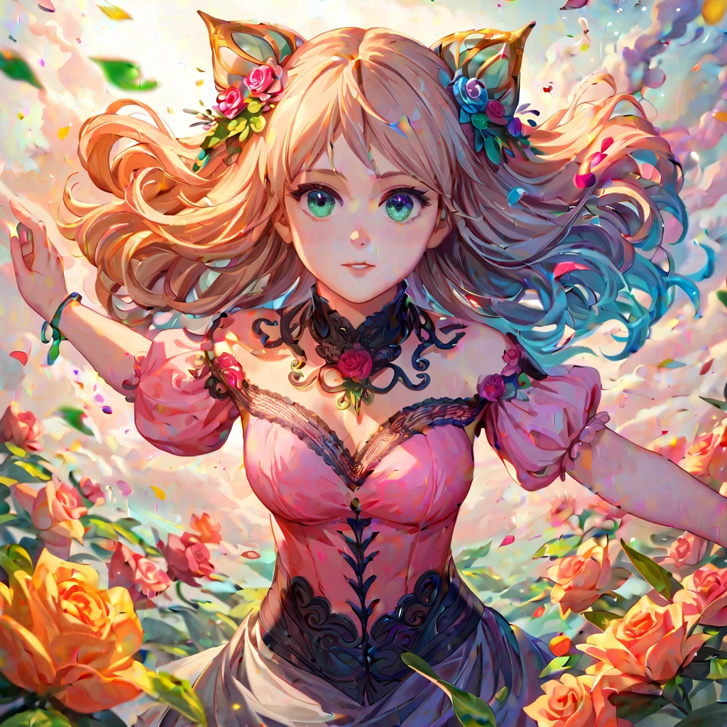 A bizarre fantasy, Elegant rose, Floral botany, Minimalism with a wave of colors, garden flowing flowers, floating in a misty pastel pink color., aqua green, Pastel apricot, smoke fractal, capricious and very realistic flowers, Octane rendering, Josephine wall painting, Isabelle Menen, Soul, Amy Brown,score_9,score_8_up,score_7_up,dramatic lighting,highly detailed,high budget,bokeh,cinemascope,moody,epic,gorgeous,film grain,grainy,masterpiece,best quality,perfect anatomy,very aesthetic,official art,8k