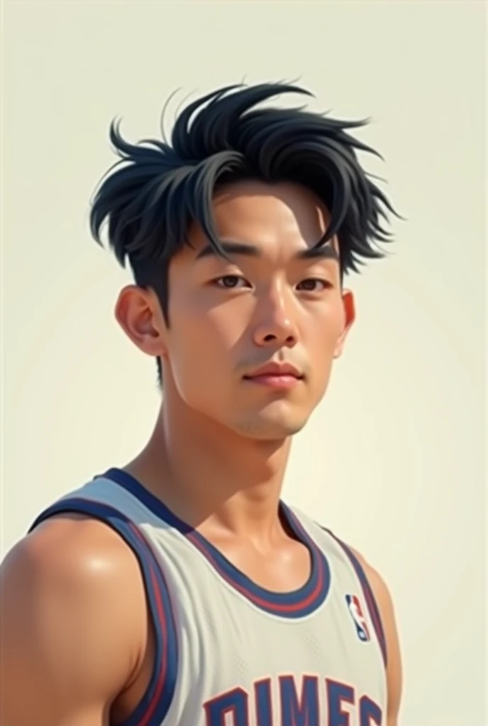 , offwhite, slanted eye, little thin, black asian style hair, Cao Cao, basketball jersey,