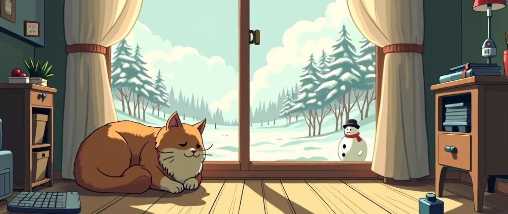 Cat, Cozy, Anime ,Lofi ,Ultrawide , Studio Ghibli Inspired ,vibes ,Wide view ,Snowman