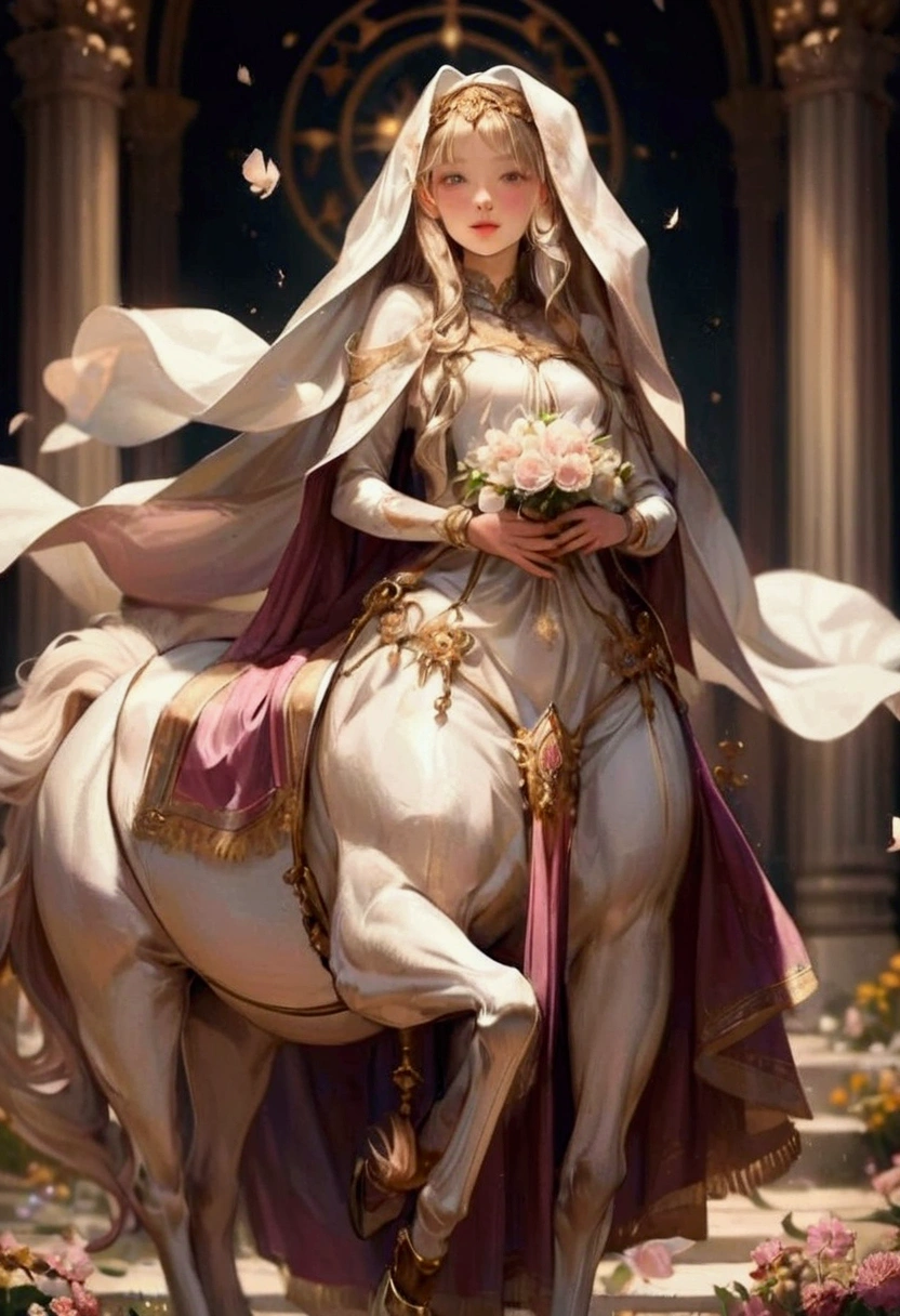 a young centaur girl with flowing mane and tail, delicate features, intricate detailed, face, longeyelash, lips, adorned in white robe, surrounded by flowers, radiating elegance and cuteness, galloping happily