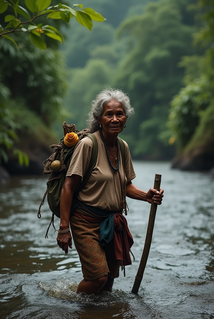 Photorealism 1.4 realistic realism high detailed definition Malaysia native aboriginal orang asli old women curly messy hair crossing river river stream dark skin weaver backpack smile faces jungle big river wearing loose shirt accessories on hair flower wearing sarong hold stick river stream