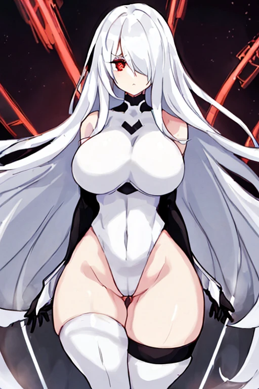 1girl, white hair, leotard, futuristic, bodysuit, thick thighs, wide hips, large breasts, breasts, long hair, red eyes, one eye covered, serious, hair over one eye, science-fiction, thigh strap, sleeveless, black leotard, black gloves, 2d, anime style, anime screencap, hourglass figure, toned