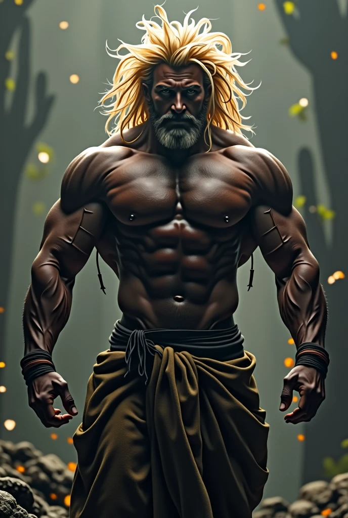 man with very black skin and blond hair, and very muscular and strong