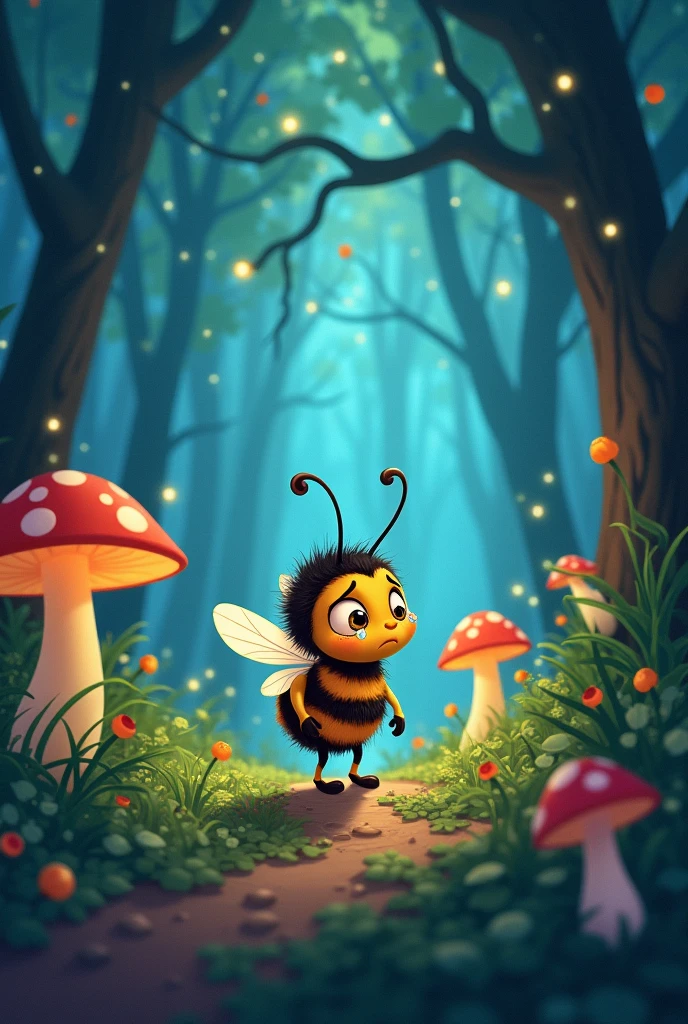 Colorful image of a little bee lost in the enchanted forest, where we see the bee crying and desolate for not knowing where the mother is. Colorful image with Disney cartoon design