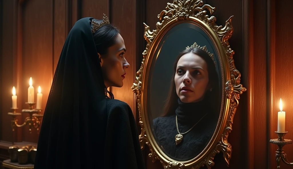 mirror、beauty、嫉妬 魔術的なmirrorの前に立つ継母。mirrorが映し出す白雪姫の姿に嫉妬の炎が燃え上がる。