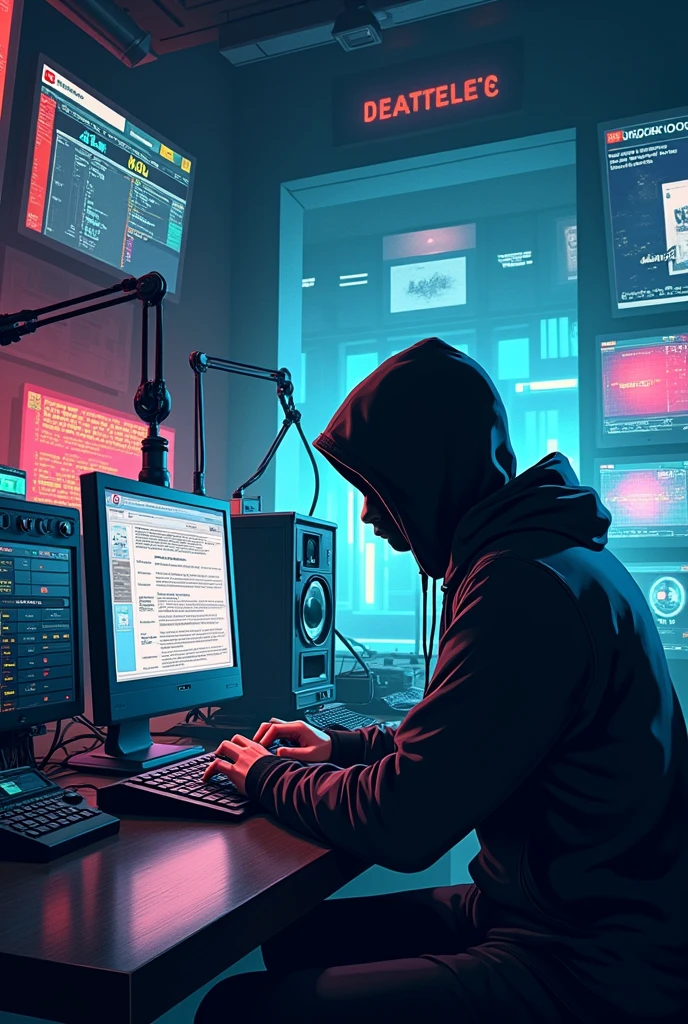 Teen level drawing of a radio station being hacked