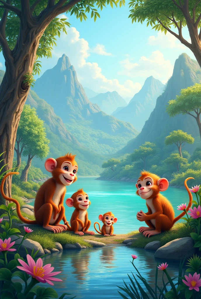 Monkies nearby river with beautiful scenery 