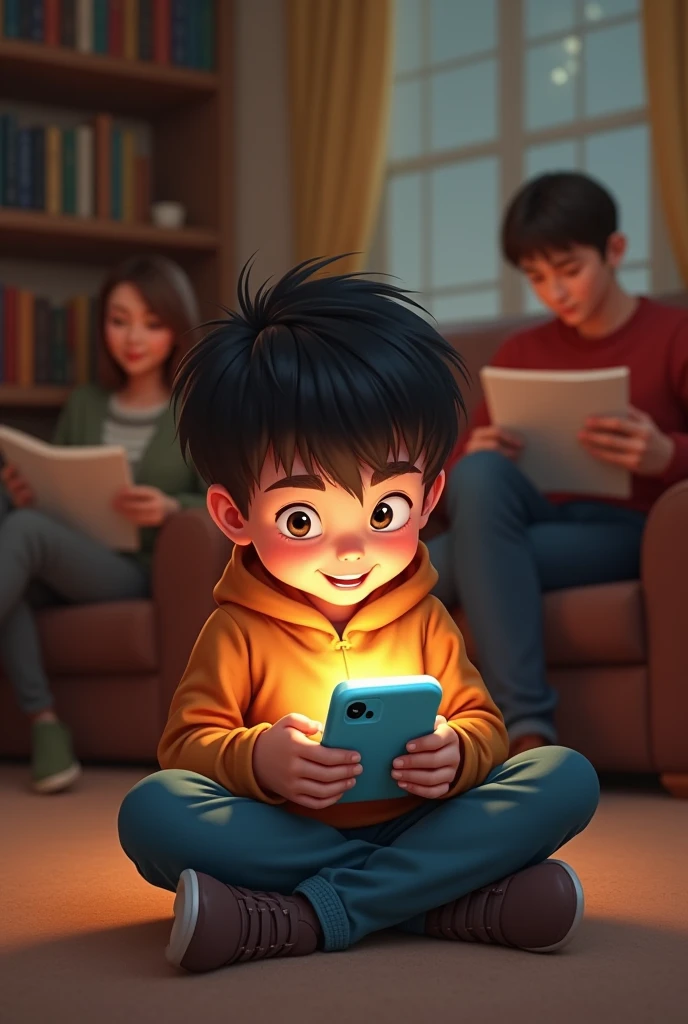 Create a image where a small boy is playing game on mobile and there parants though he is reading