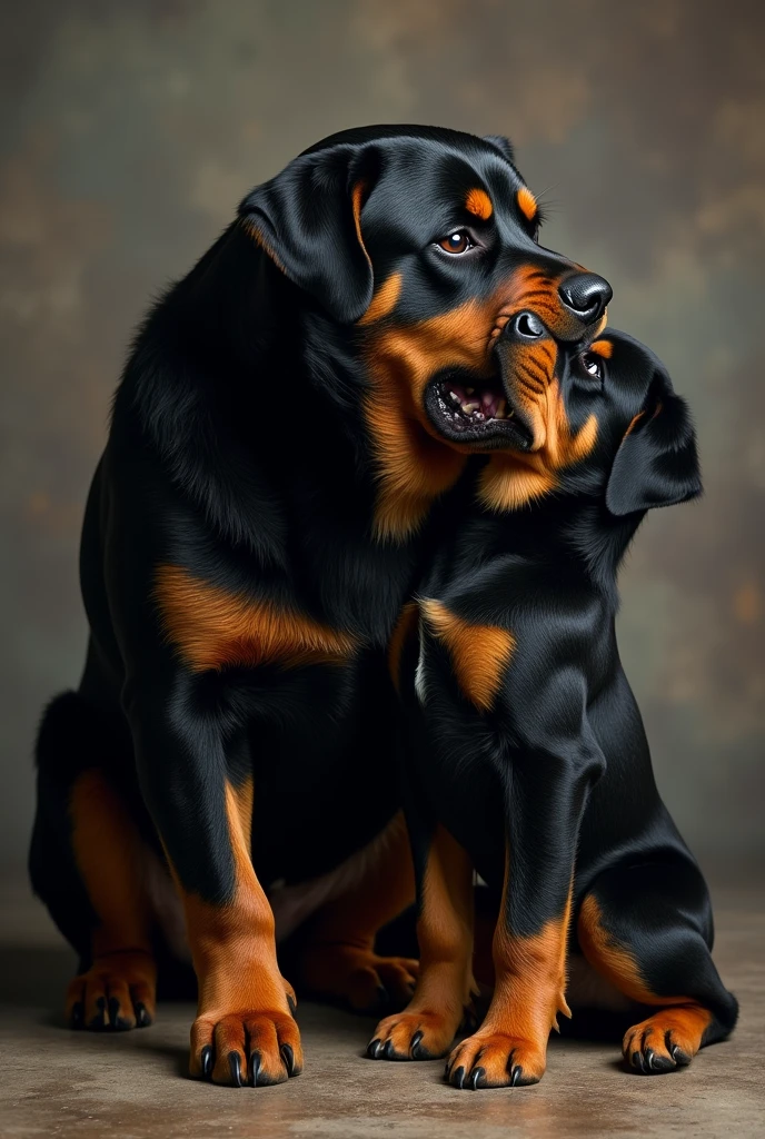 A massive and muscular rottweiler with a big dick and a fair and threatening air that fucks another rottweiler a little more minute and painful