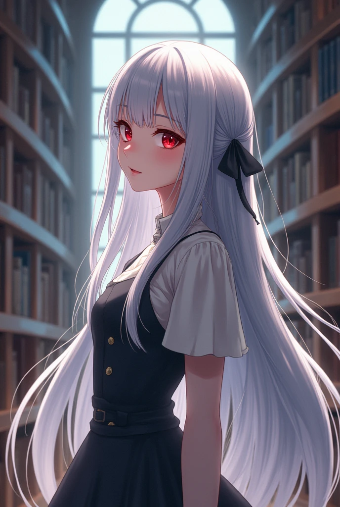 Girl with long hair,Hair falls to the floor,Silver Hair,Retro dress,Lady,library,,Beautiful profile,Handsome face,Red Eyes,solo, One girl, Long Hair, bangs, Character profile, Anime Style, とてもLong Hair, Super long hair, High resolution, Ultra high definition, 床に着くほどのLong Hair、2 meters of hair、Height: 145 cm,A face that remains young