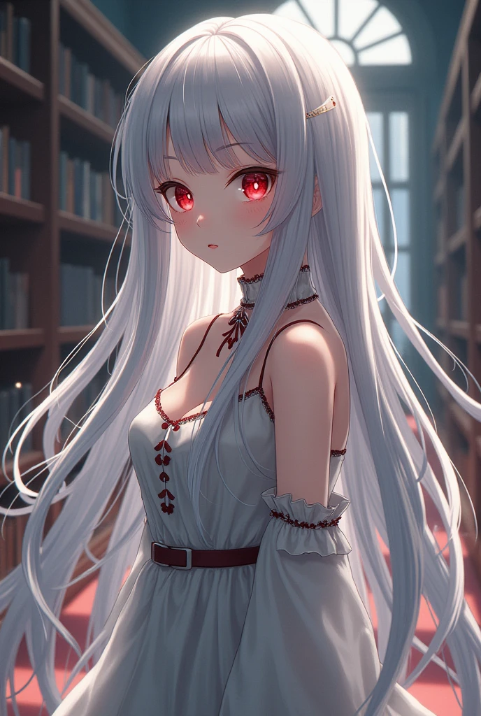Girl with long hair，Hair falls to the floor，Silver Hair，Retro dress，Lady，library，，Beautiful profile，Handsome face，Red Eyes，solo, One girl, Long Hair, bangs, Character profile, Anime Style, とてもLong Hair, Super long hair, High resolution, Ultra high definition, 床に着くほどのLong Hair、2 meters of hair、Height: 145 cm，A face that remains young