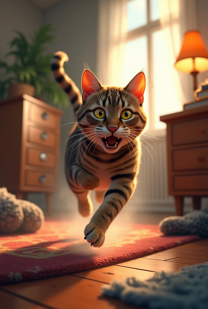 a striped cat running very scared in an apartment 
