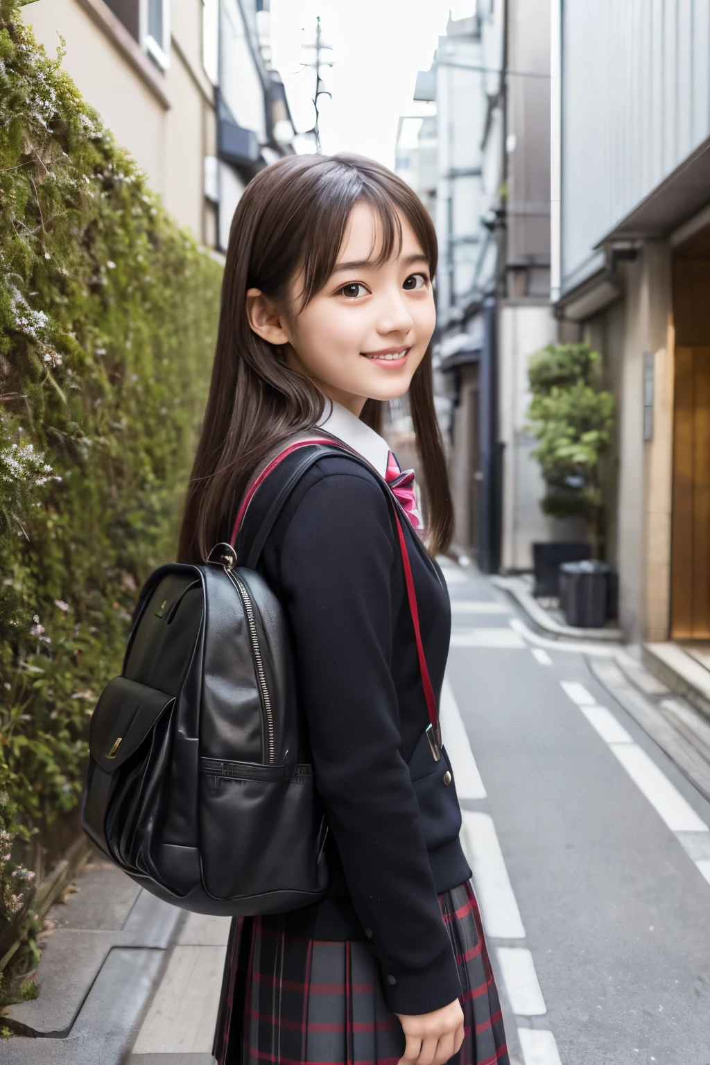 ung girl,very cute and beautiful japanese teenress,highly detailed beautiful face,
looking at viewer,smile,happy,school uniform,school bag,
narrow alley in tokyo,stone wall in front of modern building,hotel signage,trees,shrubbery,
solo,real person,photorealistic,8k,raw photo,