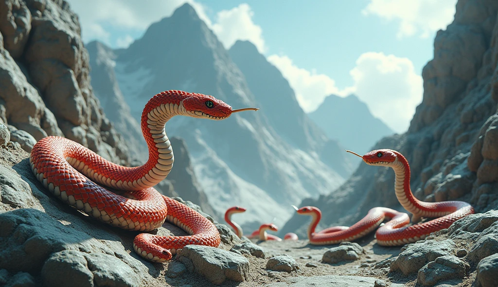 There is white jade ore on the mountain，There are also many pit vipers with red and white rings and a spike on the tip of their noses.（best quality，4K，8k，High level，masterpiece：1.2），Ultra Detailed，（lifelike，Photo real，Photo real：1.37）