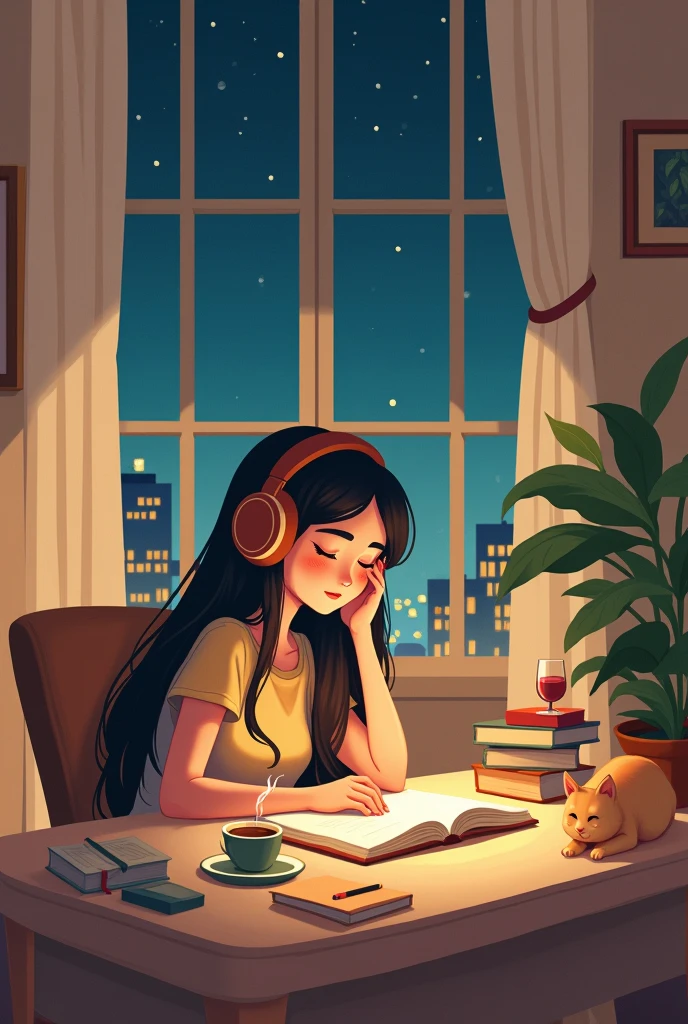 The image for your channel inspired by the style of "Lo-Fi Girl" could include the following elements:
Scenario: A cozy and peaceful environment, like a bedroom or a living room, illuminated by soft, warm light. There is a large window with a night view of the city, where the lights of the buildings and the stars in the sky create a relaxing atmosphere.
charachter: A serene and calm figure, similar to Lo-Fi Girl, perhaps a young woman with long, dark hair, using large, comfortable headphones. She is sitting at the table, focused on a notebook or laptop, while listening to music. The expression on her face is one of calm concentration..
Decoration: The environment is decorated with small details that contribute to the feeling of comfort: a cup of hot tea next to it, Some books stacked, a plant in a pot and maybe a cat lying lazily nearby.
Paleta de cores: Soft, warm tones, like brown, beiges, and touches of green and blue, to create a feeling of tranquility and relaxation.
animation (optional): To give more life to the image, there may be small movements, like the pages of a notebook being turned by the wind, the steam rising from the teacup, or the cat occasionally moving its tail.