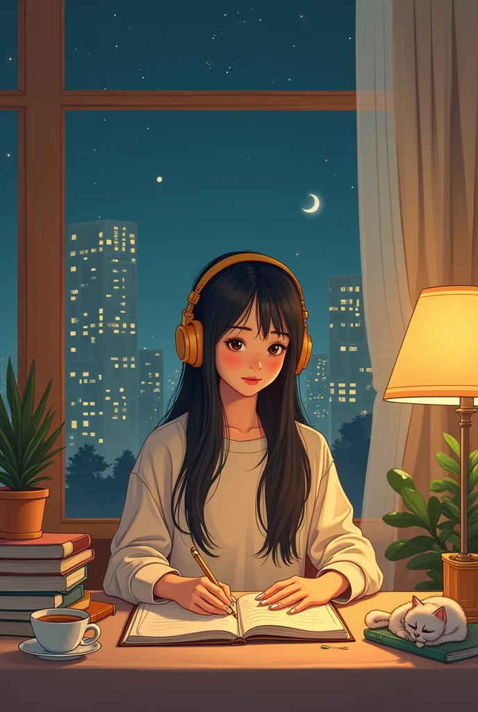 The image for your channel inspired by the style of "Lo-Fi Girl" could include the following elements:
Scenario: A cozy and peaceful environment, like a bedroom or a living room, illuminated by soft, warm light. There is a large window with a night view of the city, where the lights of the buildings and the stars in the sky create a relaxing atmosphere.
charachter: A serene and calm figure, similar to Lo-Fi Girl, perhaps a young woman with long, dark hair, using large, comfortable headphones. She is sitting at the table, focused on a notebook or laptop, while listening to music. The expression on her face is one of calm concentration..
Decoration: The environment is decorated with small details that contribute to the feeling of comfort: a cup of hot tea next to it, Some books stacked, a plant in a pot and maybe a cat lying lazily nearby.
Paleta de cores: Soft, warm tones, like brown, beiges, and touches of green and blue, to create a feeling of tranquility and relaxation.
animation (optional): To give more life to the image, there may be small movements, like the pages of a notebook being turned by the wind, the steam rising from the teacup, or the cat occasionally moving its tail.