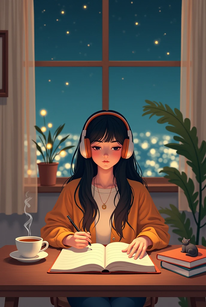 The image for your channel inspired by the style of "Lo-Fi Girl" could include the following elements:

Scenario: A cozy and peaceful environment, like a bedroom or a living room, illuminated by soft, warm light. There is a large window with a night view of the city, where the lights of the buildings and the stars in the sky create a relaxing atmosphere.

charachter: A serene and calm figure, similar to Lo-Fi Girl, perhaps a young woman with long, dark hair, using large, comfortable headphones. She is sitting at the table, focused on a notebook or laptop, while listening to music. The expression on her face is one of calm concentration..

Decoration: The environment is decorated with small details that contribute to the feeling of comfort: a cup of hot tea next to it, Some books stacked, a plant in a pot and maybe a cat lying lazily nearby.

Paleta de cores: Soft, warm tones, like brown, beiges, and touches of green and blue, to create a feeling of tranquility and relaxation.

animation (optional): To give more life to the image, there may be small movements, like the pages of a notebook being turned by the wind, the steam rising from the teacup, or the cat occasionally moving its tail. 