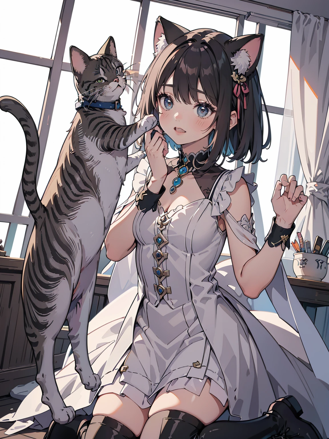 Anime Style、Storytelling、Very big cat、Petting a cat with your hand、Cat reaching out to girl、A girl with a fighting spirit and a cat、beautiful girl、とてもcute天使、Pink Gothic Dress、cute、、smile、Long skirt、Black long boots、Very cute headband、glaring at each other、They&#39;re about to fight、Fists and fists、Fighter、Dispute、bloody、Serious Fight、
